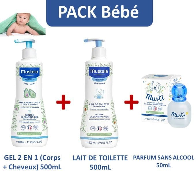 Bain et soin de peau Mustela PACK LAIT DE TOILETTE (500ml) + GEL NETTOYANT 2 EN 1 (500ml) + PARFUM (50ml) Produit_bebe_maroc