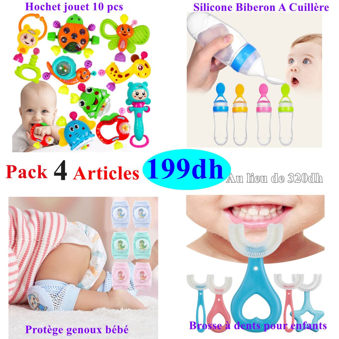 Accessories Pack 4 articles  Hochet + bibron silicone + protège genoux + brosse à dents Produit_bebe_maroc