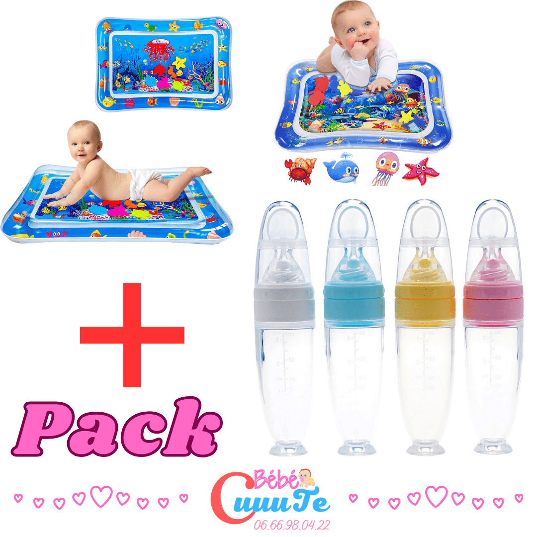 Pack Tapis d'eau Gonflable +  Biberon en Silicone avec Cuillère Silicone Produit_bebe_maroc