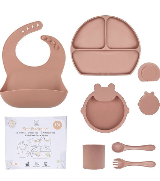 Assiette Bebe en Silicone: Assiette Ventouse Bol Fourche Cuillère Bavoir et Tasse - Maron