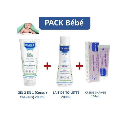 Mustela PACK (3 Produits) -GEL LAVANT 2 EN 1 CHEVEUX ET CORPS (200mL) -LAIT DE TOILETTE  (200mL) -CREME CHANGE (100mL)