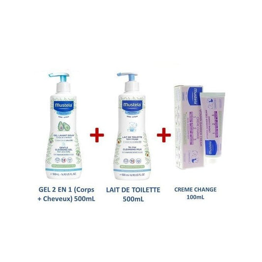 Mustela Bebe PACK LAIT DE TOILETTE (500ml) + GEL NETTOYANT 2EN1 (500ml)+CREME CHANGE (100ml)