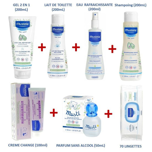 Mustela PACK 7 produits Mustela LAIT DE TOILETTE (200ml) GEL NETTOYANT 2 EN 1 (200ml) EAU RAFRAICHISSANTE (200ml) Shampoing (200ml) CREME CHANGE (100ml) 70 LINGETTES PARFUM (50ml)